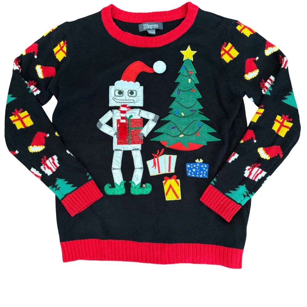 33 Degrees Robot Christmas Sweater XL 18/20 Ugly Xmas Holiday Knit Crewneck